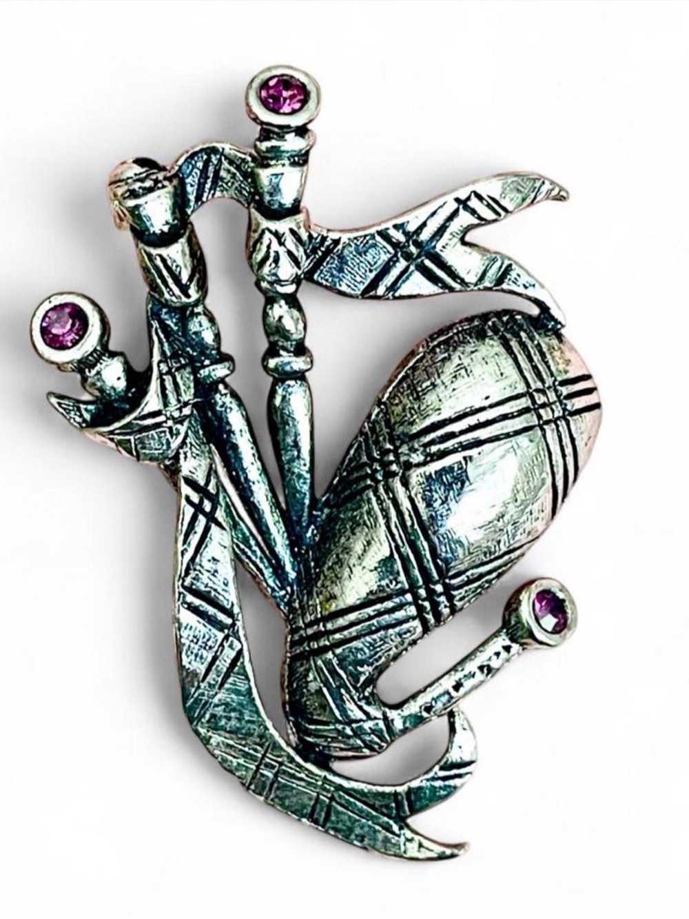 Vintage Scottish Bagpipes Brooch Pin Purple Rhinestone 1970 Celtic Tartan Whimsy